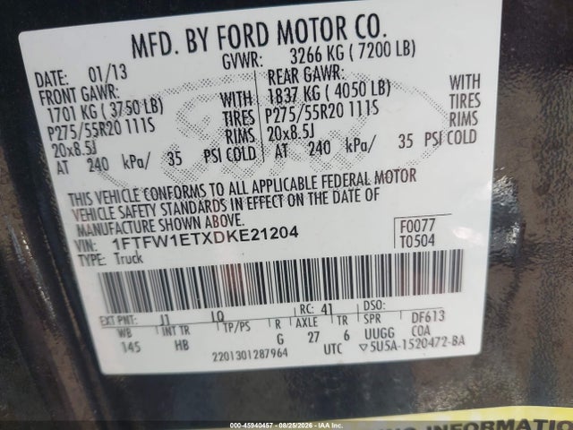 Продажа на аукционе авто 2013 Ford F-150 Lariat, vin: 1FTFW1ETXDKE21204, номер лота: 45940457