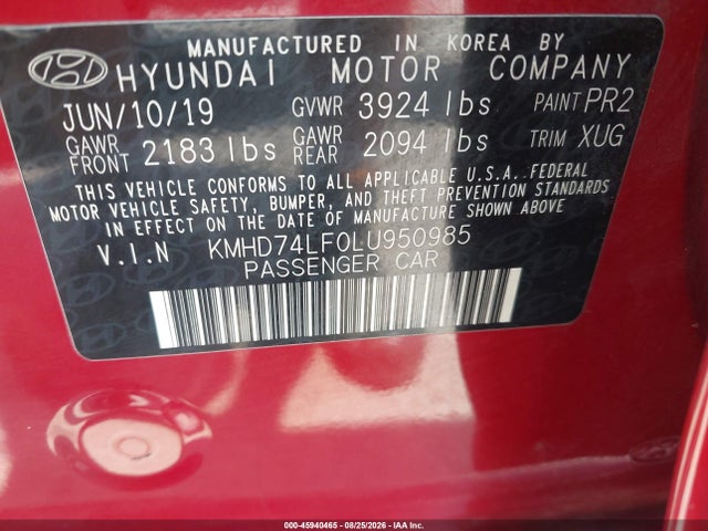 Продажа на аукционе авто 2020 Hyundai Elantra Se, vin: KMHD74LF0LU950985, номер лота: 45940465
