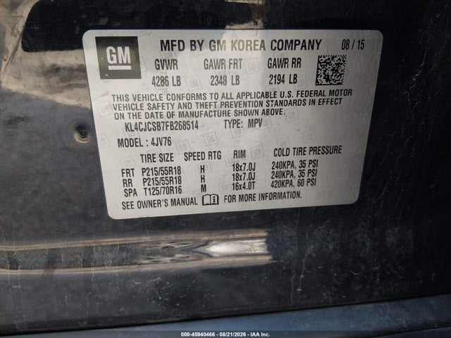 45940466 :رقم المزاد ، KL4CJCSB7FB268514 vin ، 2015 Buick Encore Leather مزاد بيع