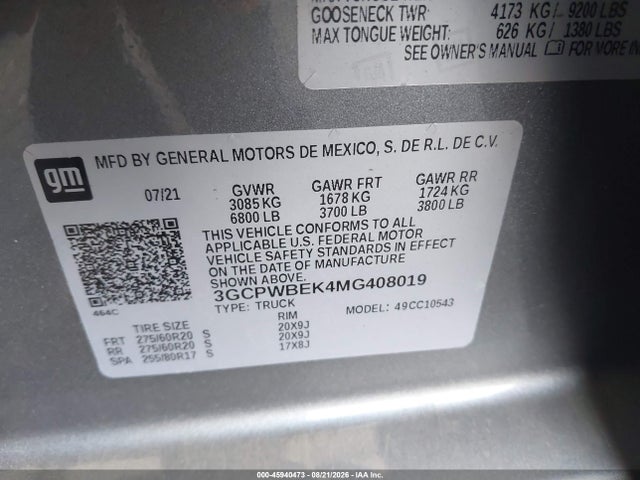 45940473 :رقم المزاد ، 3GCPWBEK4MG408019 vin ، 2021 Chevrolet Silverado 1500 2wd  Short Bed Custom مزاد بيع