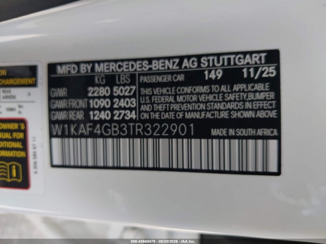 Auction sale of the 2026 Mercedes-benz C 300, vin: W1KAF4GB3TR322901, lot number: 45940478