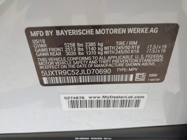 Продажа на аукционе авто 2018 Bmw X3 Xdrive30i, vin: 5UXTR9C52JLD70690, номер лота: 45940483