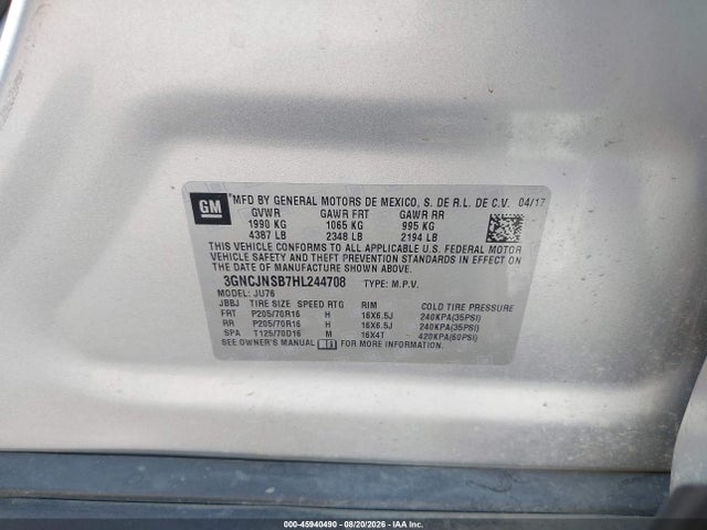 45940490 :رقم المزاد ، 3GNCJNSB7HL244708 vin ، 2017 Chevrolet Trax Ls مزاد بيع