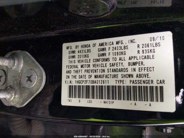 Aukcja sprzedaży 2011 Honda Accord 2.4 Ex, vin: 1HGCP2F70BA012611, numer aukcji: 45940497