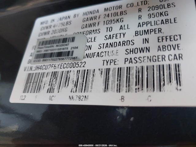 45940500 :رقم المزاد ، JH4CU2F6XEC000522 vin ، 2014 Acura Tsx 2.4 مزاد بيع