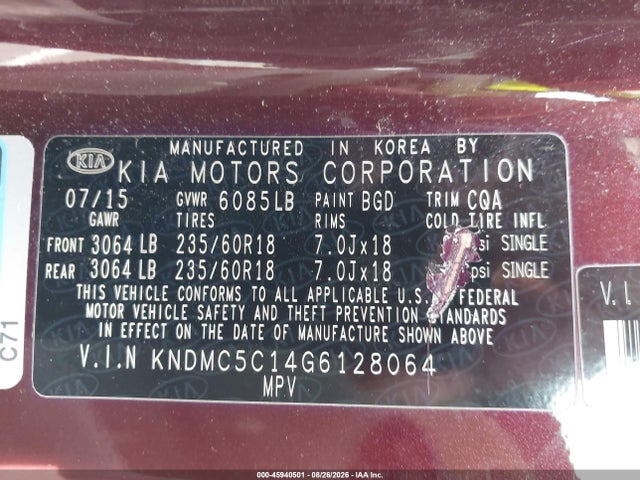 45940501 :رقم المزاد ، KNDMC5C14G6128064 vin ، 2016 Kia Sedona Ex مزاد بيع