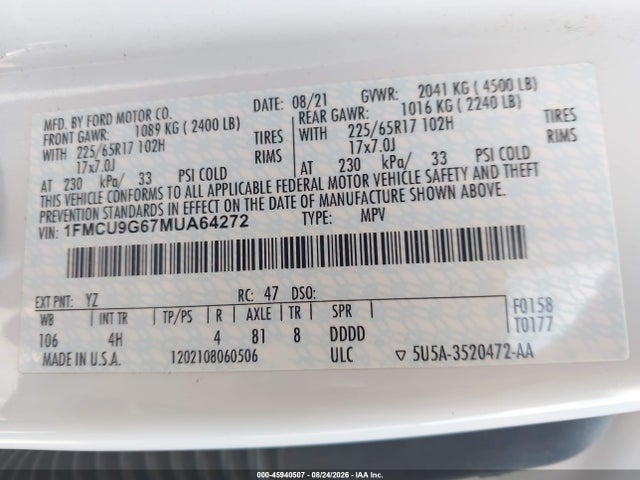 Продаж на аукціоні авто 2021 Ford Escape Se, vin: 1FMCU9G67MUA64272, номер лоту: 45940507