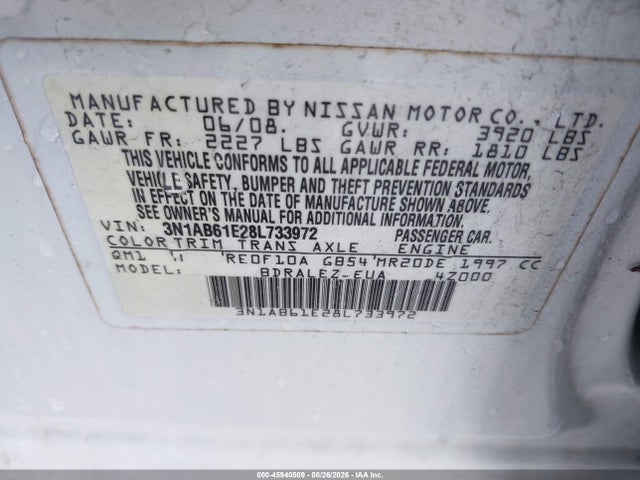 Продаж на аукціоні авто 2008 Nissan Sentra 2.0 S, vin: 3N1AB61E28L733972, номер лоту: 45940509