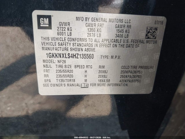 Aukcja sprzedaży 2017 Gmc Acadia Denali, vin: 1GKKNXLS4HZ135560, numer aukcji: 45940532