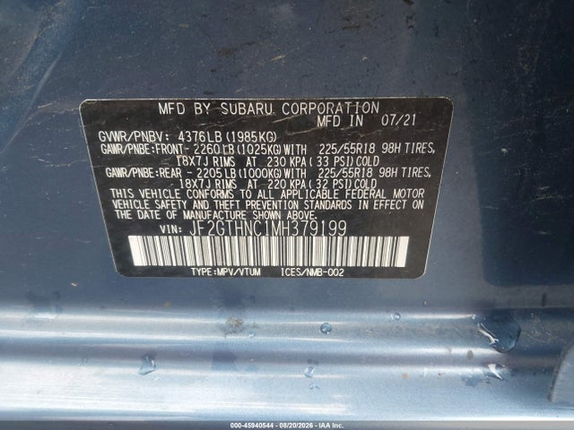 Aukcja sprzedaży 2021 Subaru Crosstrek Limited, vin: JF2GTHNC1MH379199, numer aukcji: 45940544