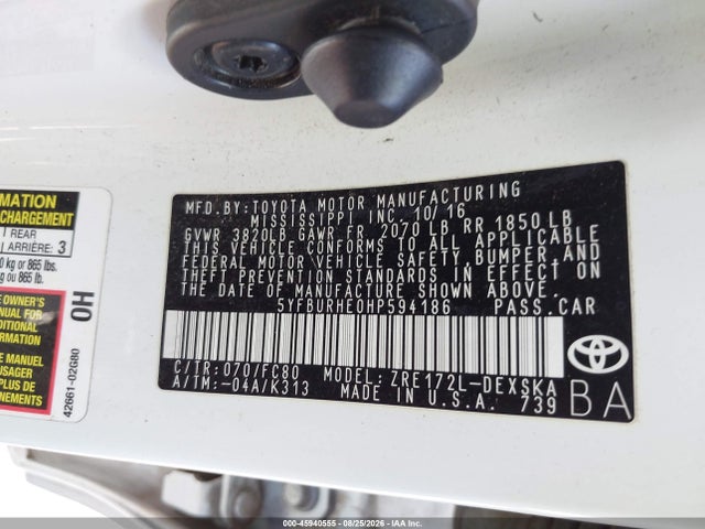 Продаж на аукціоні авто 2017 Toyota Corolla Se, vin: 5YFBURHE0HP594186, номер лоту: 45940555