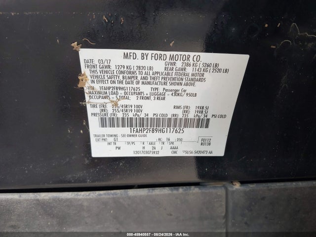 45940557 :رقم المزاد ، 1FAHP2F89HG117625 vin ، 2017 Ford Taurus Limited مزاد بيع