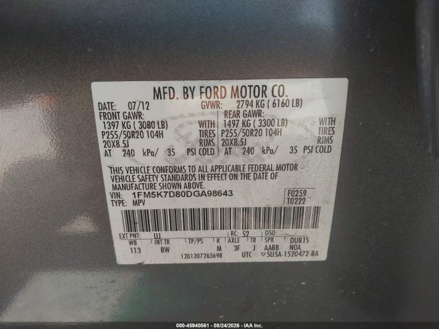 Продажа на аукционе авто 2013 Ford Explorer Xlt, vin: 1FM5K7D80DGA98643, номер лота: 45940561