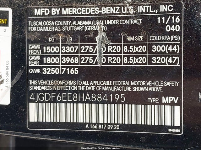 Aukcja sprzedaży 2017 Mercedes-benz Gls 450 4matic, vin: 4JGDF6EE8HA884195, numer aukcji: 45940578