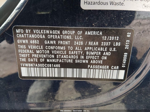 Aukcja sprzedaży 2013 Volkswagen Passat 2.0l Tdi Se, vin: 1VWBN7A30DC081465, numer aukcji: 45940582