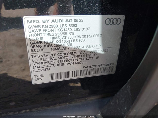 2023 Audi Q7 Premium Plus 45 Tfsi Quattro Tiptronic მანქანა იყიდება აუქციონზე, vin: WA1LCBF78PD028937, აუქციონის ნომერი: 45940590
