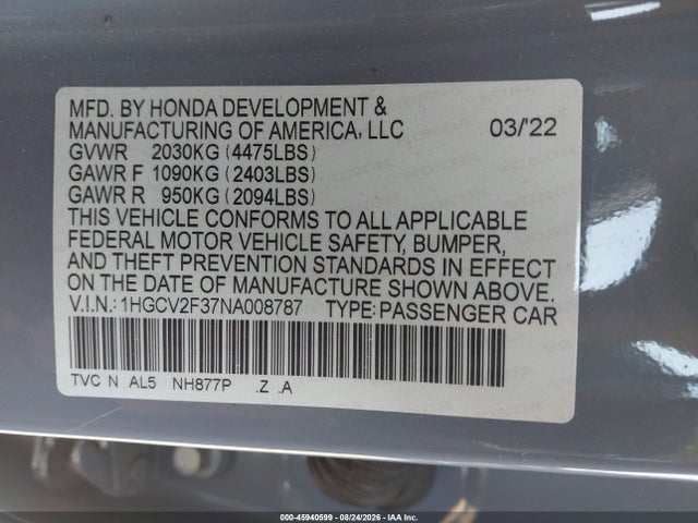 2022 Honda Accord Sport 2.0t მანქანა იყიდება აუქციონზე, vin: 1HGCV2F37NA008787, აუქციონის ნომერი: 45940599