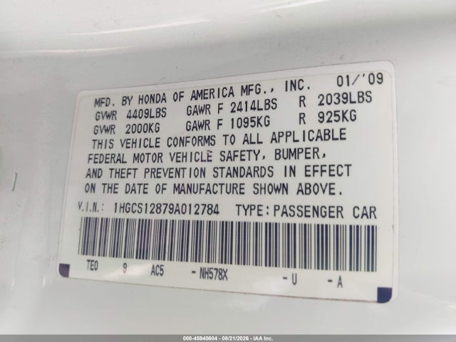 2009 Honda Accord 2.4 Ex-l მანქანა იყიდება აუქციონზე, vin: 1HGCS12879A012784, აუქციონის ნომერი: 45940604