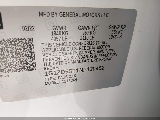 45940624 :رقم المزاد ، 1G1ZD5ST1NF120452 vin ، 2022 Chevrolet Malibu Fwd Lt مزاد بيع