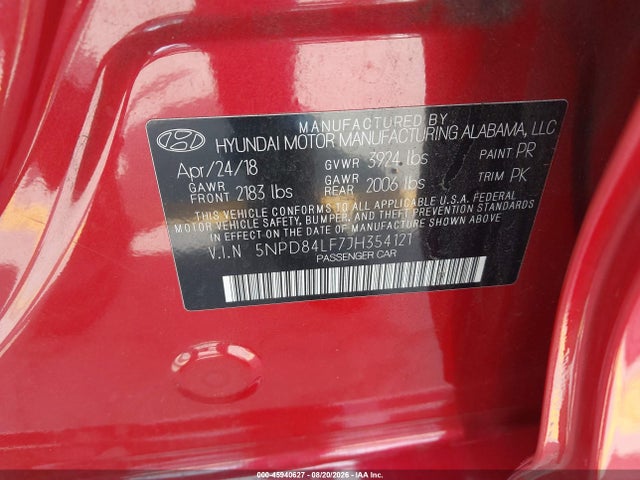 5NPD84LF7JH354121 Hyundai Elantra Value Edition