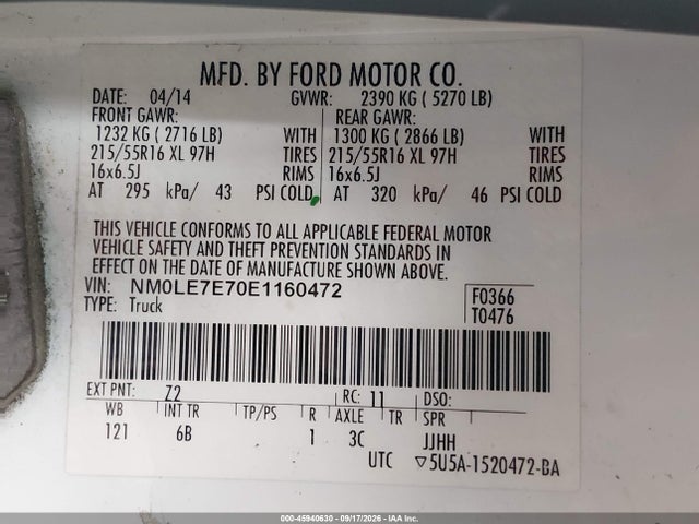 Продаж на аукціоні авто 2014 Ford Transit Connect Xl, vin: NM0LE7E70E1160472, номер лоту: 45940630