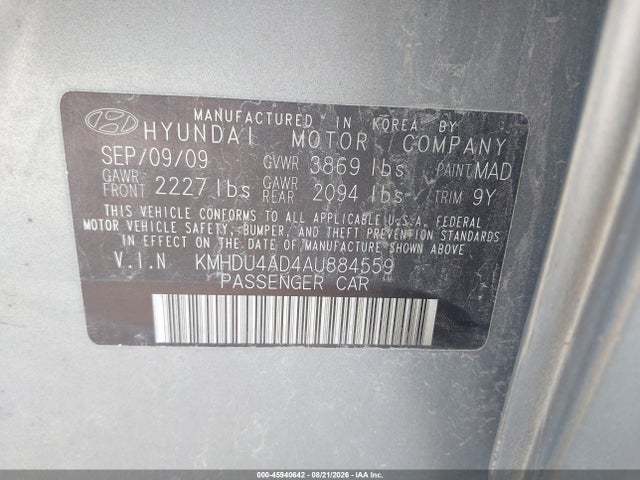 2010 Hyundai Elantra Gls მანქანა იყიდება აუქციონზე, vin: KMHDU4AD4AU884559, აუქციონის ნომერი: 45940642