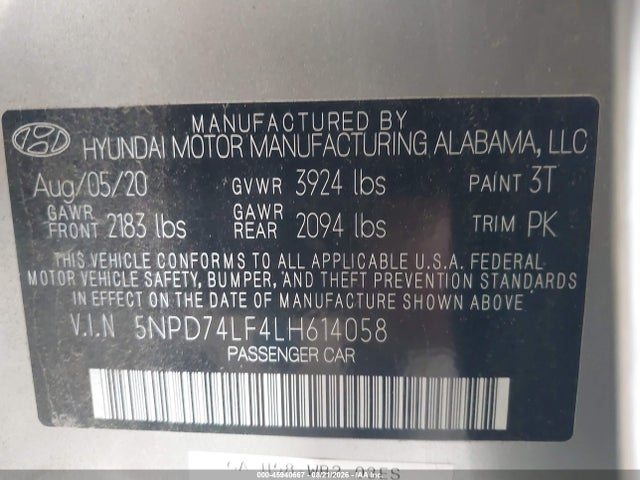 Продаж на аукціоні авто 2020 Hyundai Elantra Se, vin: 5NPD74LF4LH614058, номер лоту: 45940667