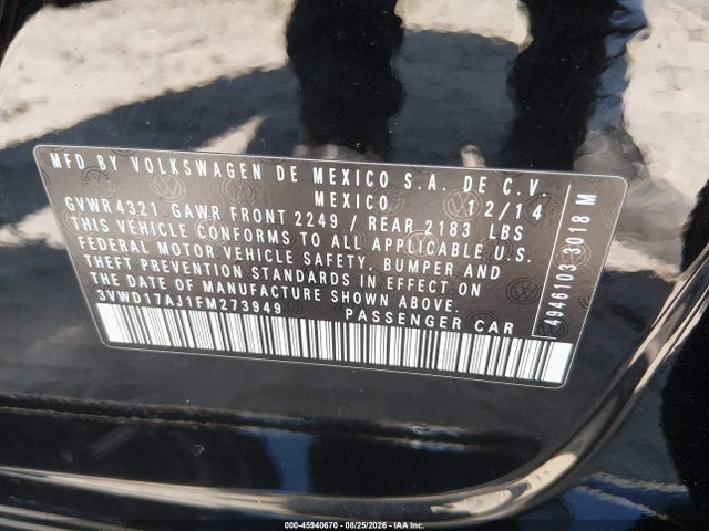 Aukcja sprzedaży 2015 Volkswagen Jetta 1.8t Se, vin: 3VWD17AJ1FM273949, numer aukcji: 45940670