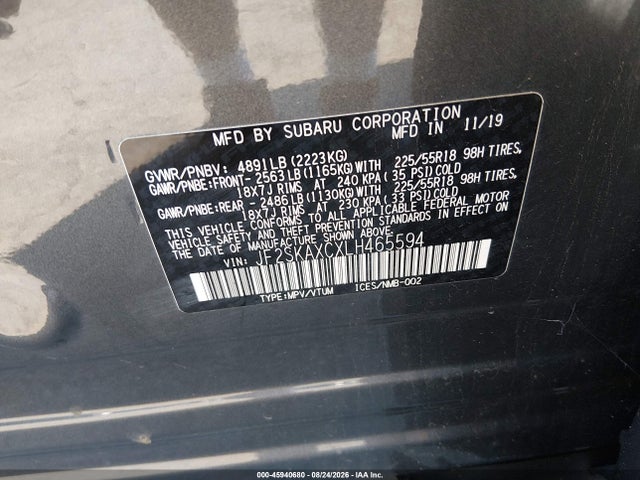 2020 Subaru Forester Touring მანქანა იყიდება აუქციონზე, vin: JF2SKAXCXLH465594, აუქციონის ნომერი: 45940680