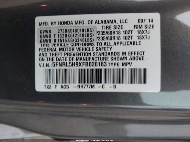 Продаж на аукціоні авто 2015 Honda Odyssey Touring/touring Elite, vin: 5FNRL5H9XFB020183, номер лоту: 45940682