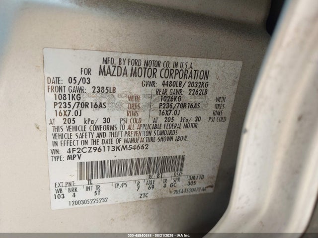 45940688 :رقم المزاد ، 4F2CZ96113KM54662 vin ، 2003 Mazda Tribute Es V6 مزاد بيع