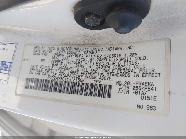 Aukcja sprzedaży 2004 Toyota Sienna Le, vin: 5TDZA23C14S181506, numer aukcji: 45940695