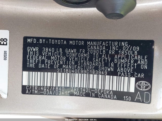 Aukcja sprzedaży 2009 Toyota Corolla Le, vin: 2T1BU40E99C183949, numer aukcji: 45940721