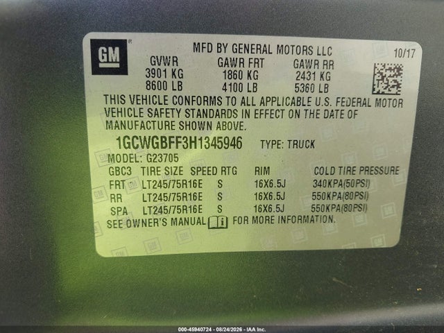 Aukcja sprzedaży 2017 Chevrolet Express 2500 Work Van, vin: 1GCWGBFF3H1345946, numer aukcji: 45940724