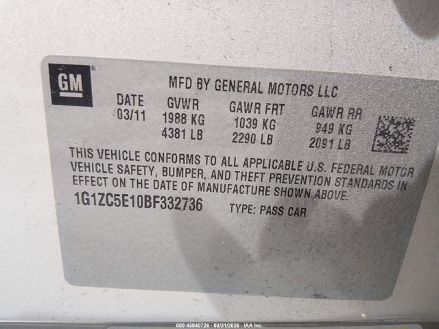 Продажа на аукционе авто 2011 Chevrolet Malibu 1lt, vin: 1G1ZC5E10BF332736, номер лота: 45940726