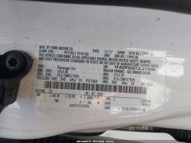 Aukcja sprzedaży 2018 Ford Focus Sel, vin: 1FADP3H27JL215899, numer aukcji: 45940735