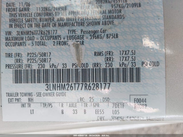 45940739 :رقم المزاد ، 3LNHM26T77R628177 vin ، 2007 Lincoln Mkz مزاد بيع