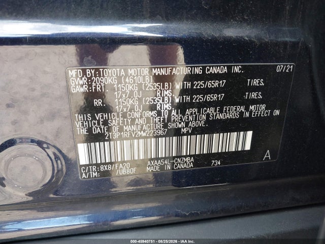 Aukcja sprzedaży 2021 Toyota Rav4 Xle, vin: 2T3P1RFV2MW223967, numer aukcji: 45940751