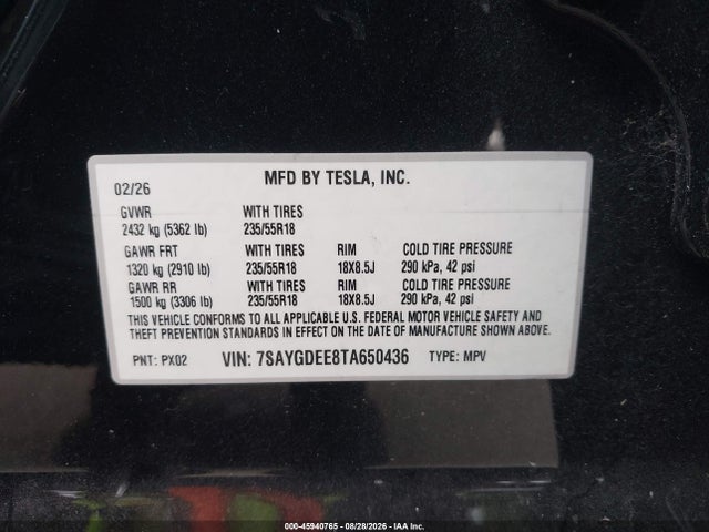 Aukcja sprzedaży 2026 Tesla Model Y, vin: 7SAYGDEE8TA650436, numer aukcji: 45940765