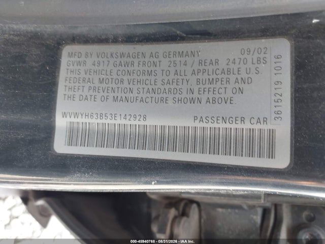 2003 Volkswagen Passat Glx მანქანა იყიდება აუქციონზე, vin: WVWYH63B53E142928, აუქციონის ნომერი: 45940768