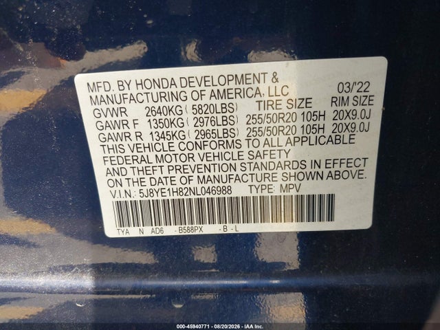 Aukcja sprzedaży 2022 Acura Mdx Advance Package, vin: 5J8YE1H82NL046988, numer aukcji: 45940771