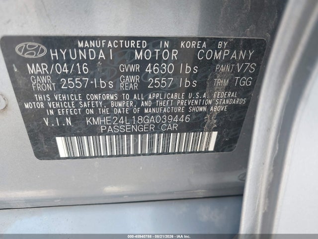 Продажа на аукционе авто 2016 Hyundai Sonata Hybrid Se, vin: KMHE24L18GA039446, номер лота: 45940788
