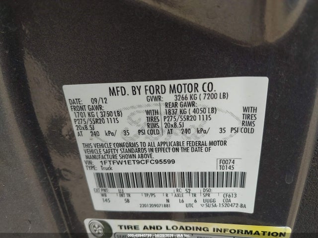 Продаж на аукціоні авто 2012 Ford F-150 Fx4, vin: 1FTFW1ET9CFC95599, номер лоту: 45940799