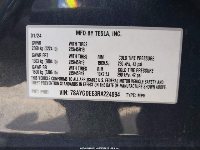 Aukcja sprzedaży 2024 Tesla Model Y Long Range Dual Motor All-wheel Drive, vin: 7SAYGDEE3RA224694, numer aukcji: 45940801