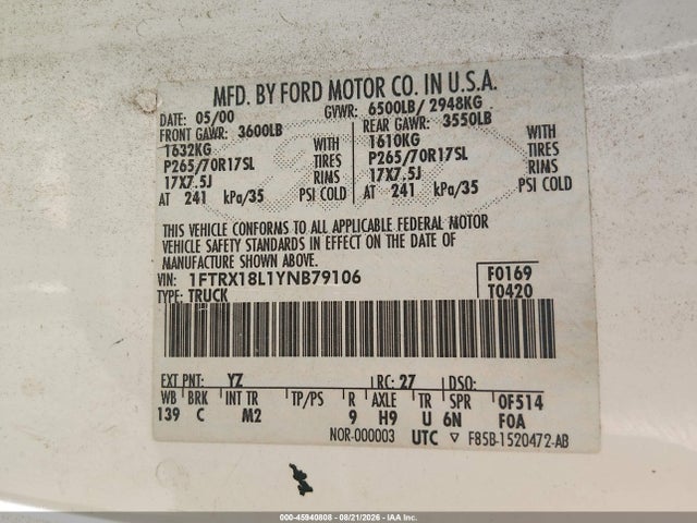 Продаж на аукціоні авто 2000 Ford F-150 Lariat/work Series/xl/xlt, vin: 1FTRX18L1YNB79106, номер лоту: 45940808