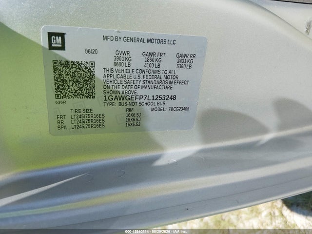 45940814 :رقم المزاد ، 1GAWGEFP7L1253248 vin ، 2020 Chevrolet Express Passenger Rwd 2500 Regular Wheelbase Ls مزاد بيع