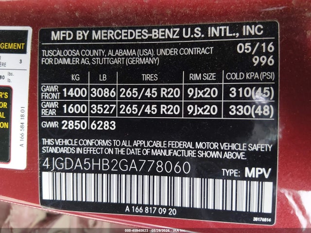 45940823 :رقم المزاد ، 4JGDA5HB2GA778060 vin ، 2016 Mercedes-benz Gle 350 4matic مزاد بيع
