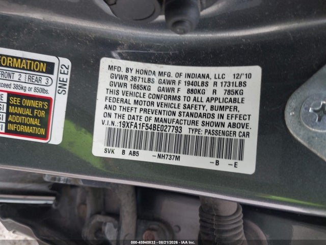 Продаж на аукціоні авто 2011 Honda Civic Lx, vin: 19XFA1F54BE027793, номер лоту: 45940833