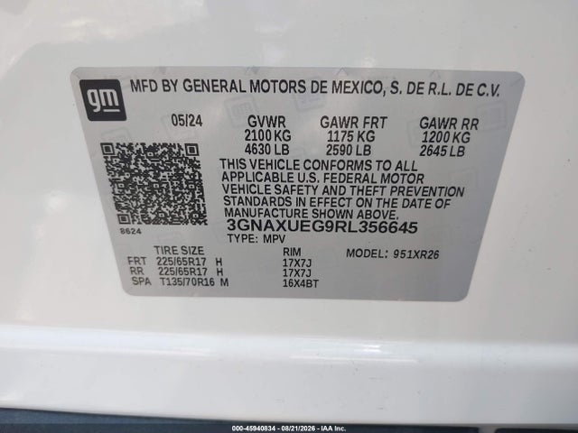 Продажа на аукционе авто 2024 Chevrolet Equinox Awd Lt, vin: 3GNAXUEG9RL356645, номер лота: 45940834