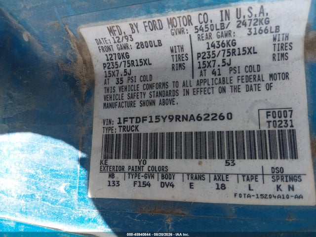 Aukcja sprzedaży 1994 Ford F150, vin: 1FTDF15Y9RNA62260, numer aukcji: 45940844